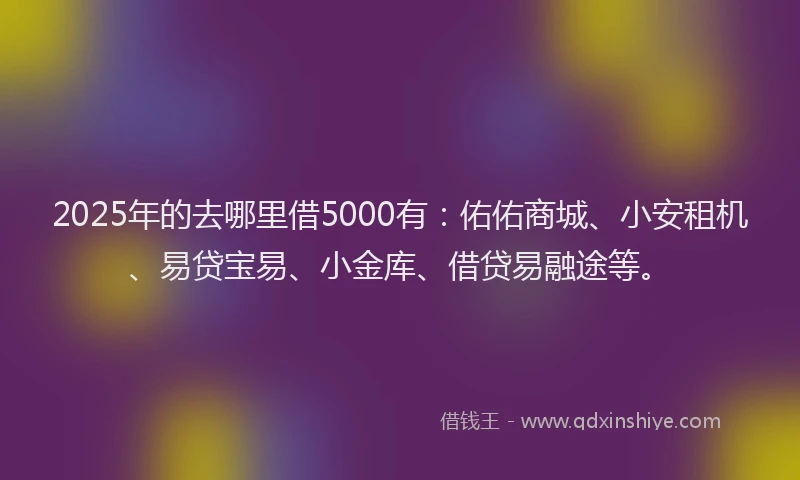 2025年的去哪里借5000有：佑佑商城、小安租机、易贷宝易、小金库、借贷易融途等。