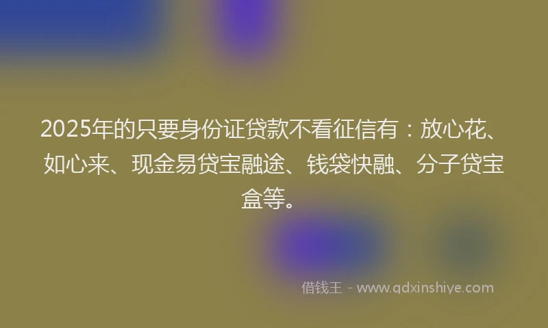 2025年的只要身份证贷款不看征信有：放心花、如心来、现金易贷宝融途、钱袋快融、分子贷宝盒等。