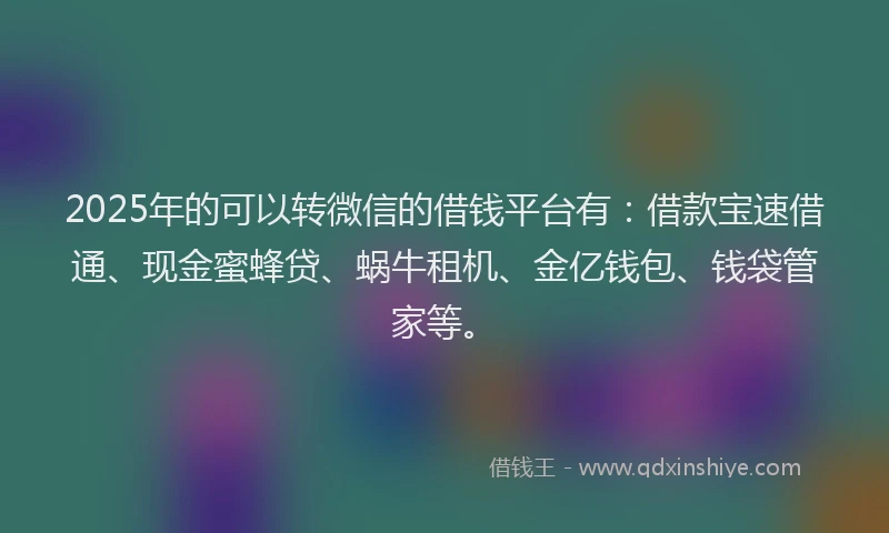 2025年的可以转微信的借钱平台有：借款宝速借通、现金蜜蜂贷、蜗牛租机、金亿钱包、钱袋管家等。