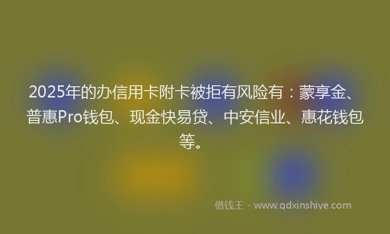 2025年的办信用卡附卡被拒有风险有：蒙享金、普惠Pro钱包、现金快易贷、中安信业、惠花钱包等。