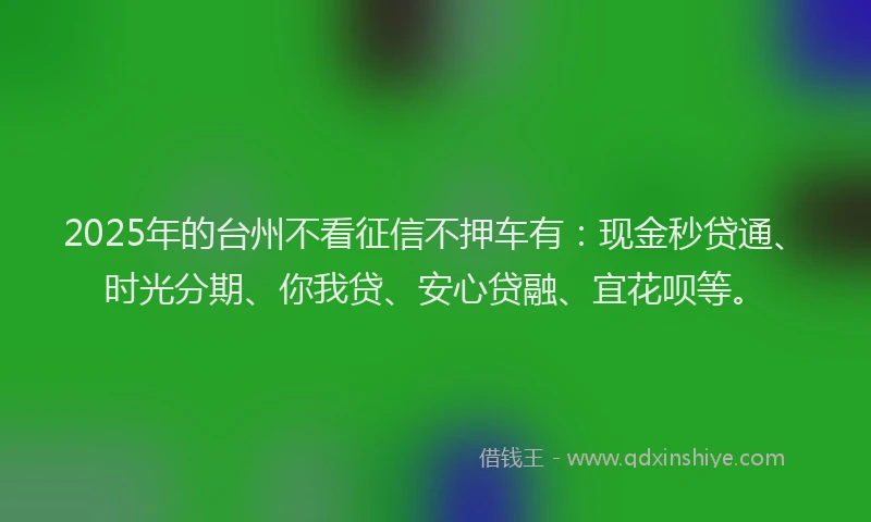2025年的台州不看征信不押车有：现金秒贷通、时光分期、你我贷、安心贷融、宜花呗等。