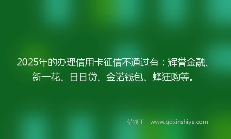 2025年的办理信用卡征信不通过有：辉誉金融、新一花、日日贷、金诺钱包、蜂狂购等。