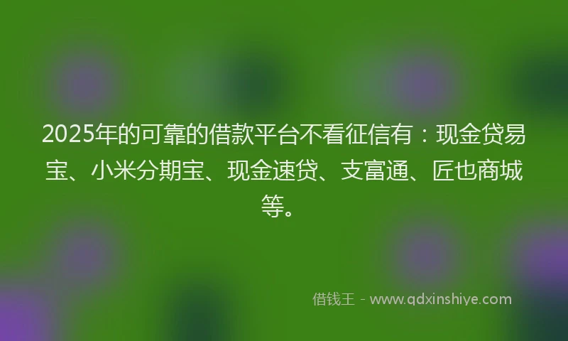 2025年的可靠的借款平台不看征信有：现金贷易宝、小米分期宝、现金速贷、支富通、匠也商城等。