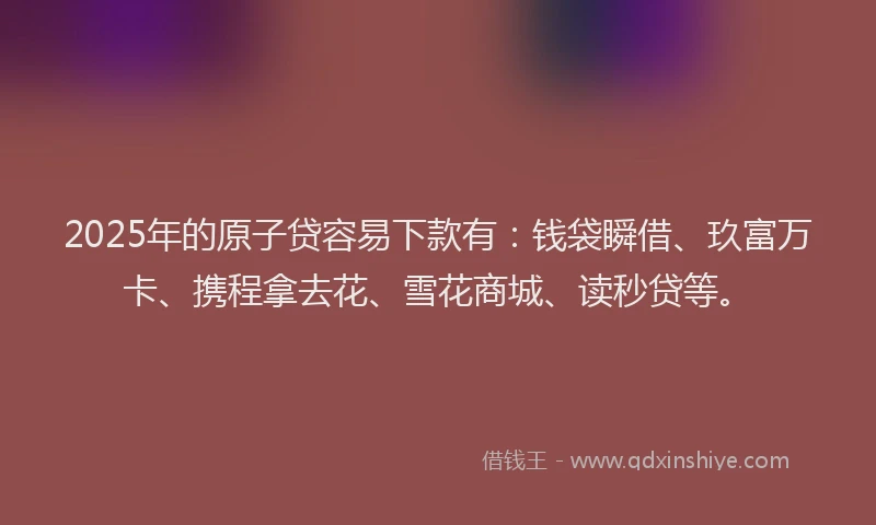 2025年的原子贷容易下款有：钱袋瞬借、玖富万卡、携程拿去花、雪花商城、读秒贷等。