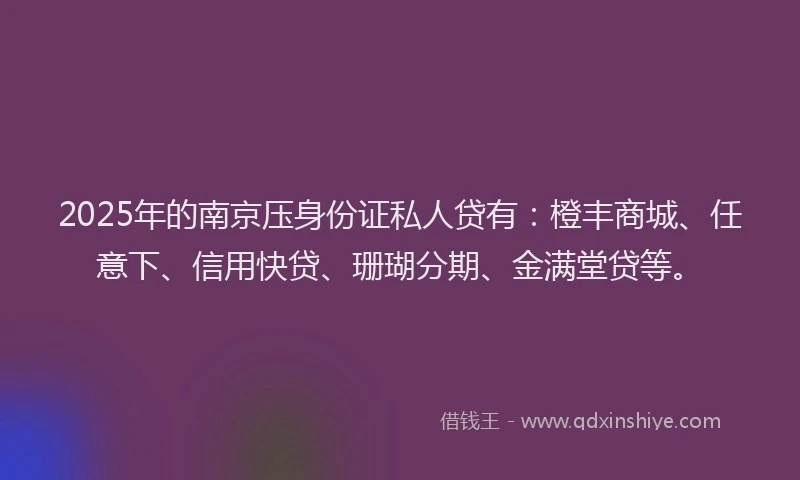 2025年的南京压身份证私人贷有：橙丰商城、任意下、信用快贷、珊瑚分期、金满堂贷等。