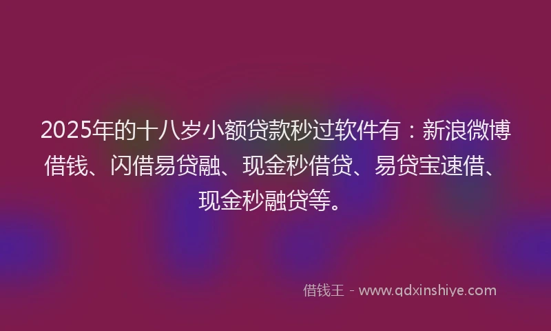 2025年的十八岁小额贷款秒过软件有：新浪微博借钱、闪借易贷融、现金秒借贷、易贷宝速借、现金秒融贷等。