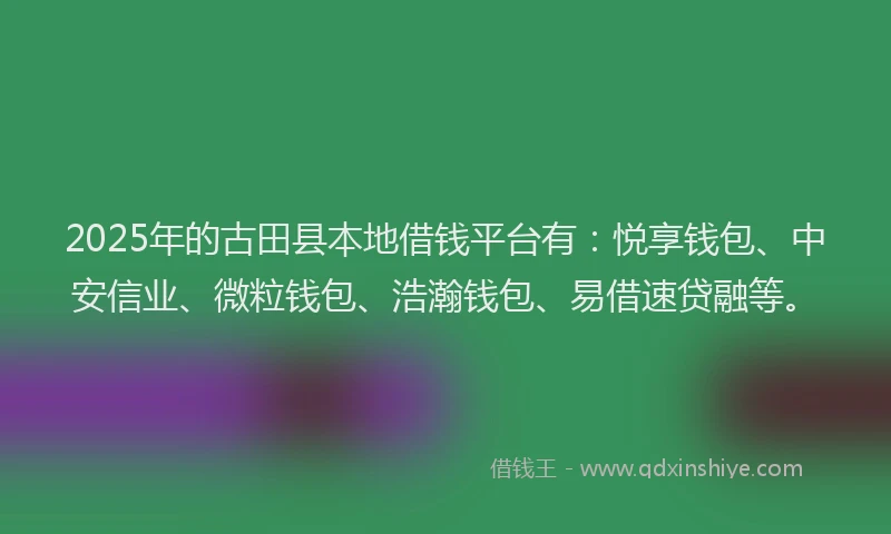 2025年的古田县本地借钱平台有：悦享钱包、中安信业、微粒钱包、浩瀚钱包、易借速贷融等。