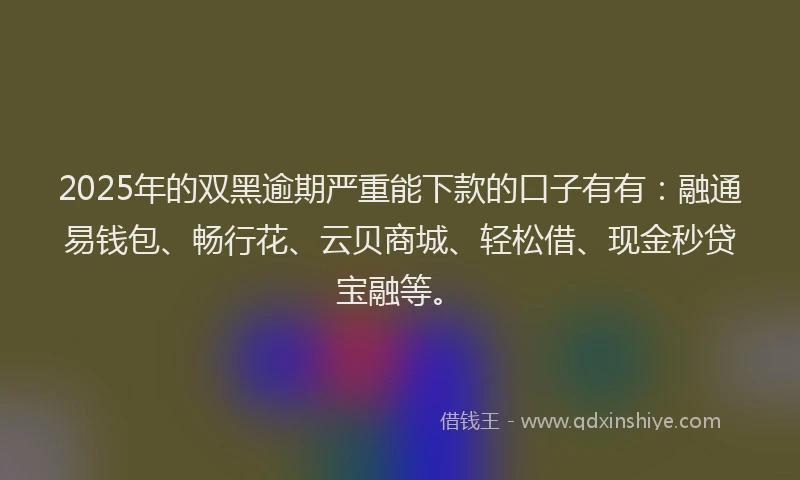 2025年的双黑逾期严重能下款的口子有有：融通易钱包、畅行花、云贝商城、轻松借、现金秒贷宝融等。
