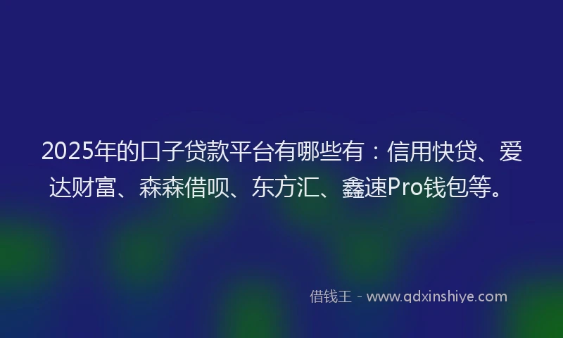 2025年的口子贷款平台有哪些有：信用快贷、爱达财富、森森借呗、东方汇、鑫速Pro钱包等。
