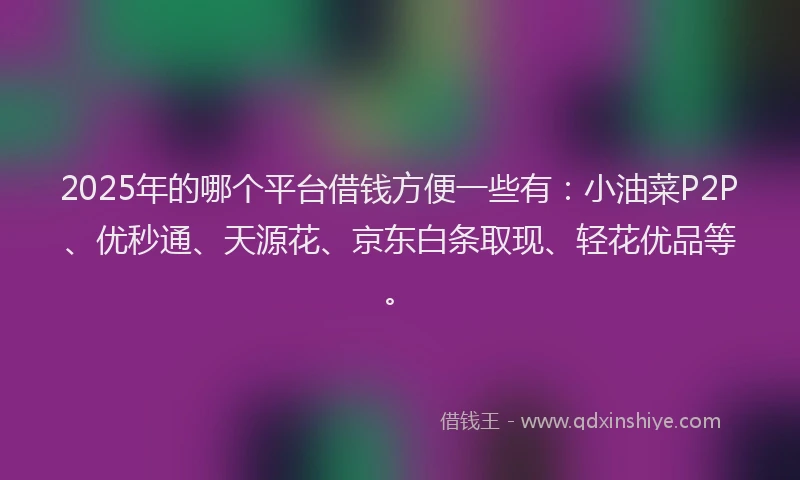 2025年的哪个平台借钱方便一些有：小油菜P2P、优秒通、天源花、京东白条取现、轻花优品等。