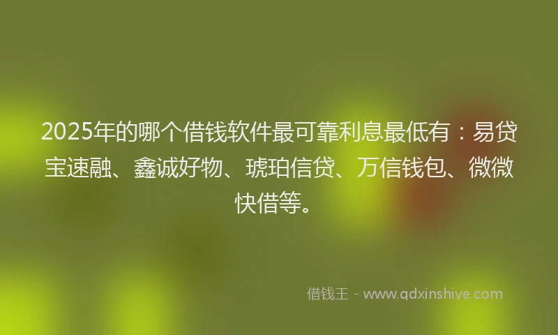 2025年的哪个借钱软件最可靠利息最低有：易贷宝速融、鑫诚好物、琥珀信贷、万信钱包、微微快借等。