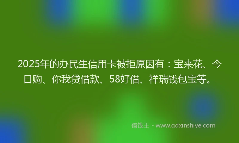 2025年的办民生信用卡被拒原因有：宝来花、今日购、你我贷借款、58好借、祥瑞钱包宝等。