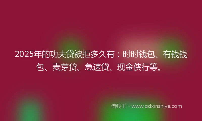 2025年的功夫贷被拒多久有：时时钱包、有钱钱包、麦芽贷、急速贷、现金侠行等。