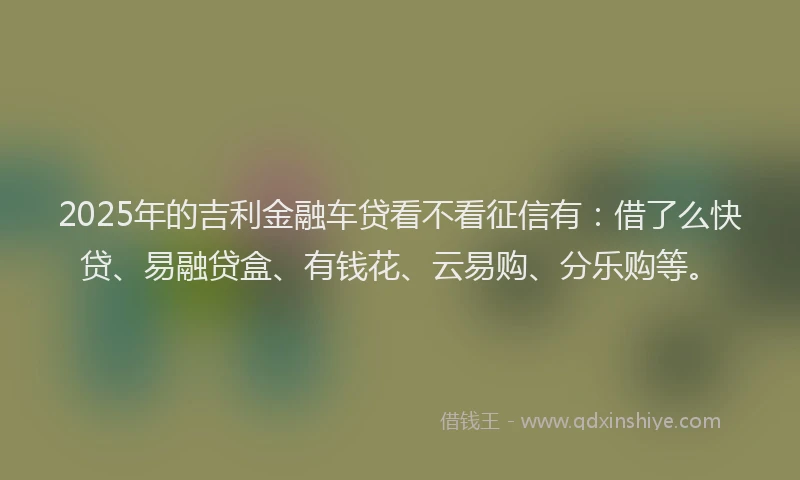 2025年的吉利金融车贷看不看征信有：借了么快贷、易融贷盒、有钱花、云易购、分乐购等。