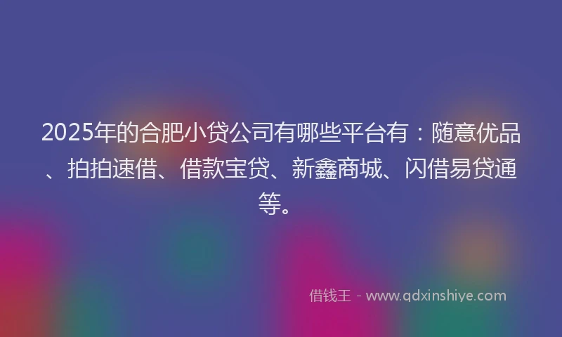 2025年的合肥小贷公司有哪些平台有：随意优品、拍拍速借、借款宝贷、新鑫商城、闪借易贷通等。