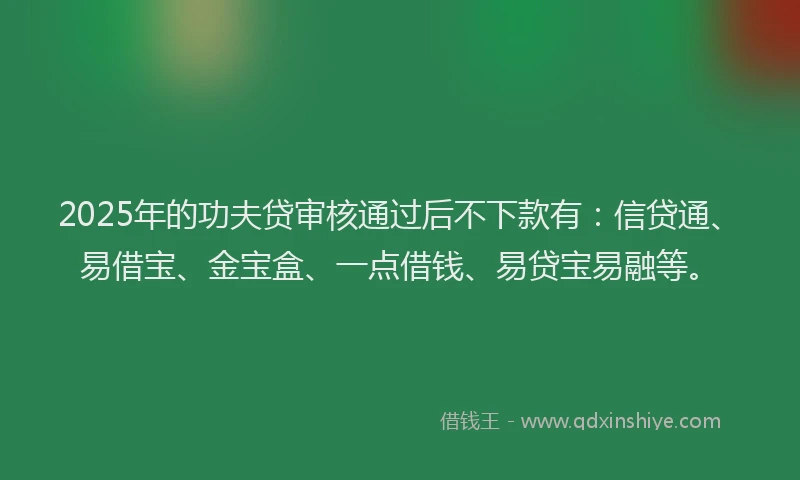 2025年的功夫贷审核通过后不下款有：信贷通、易借宝、金宝盒、一点借钱、易贷宝易融等。