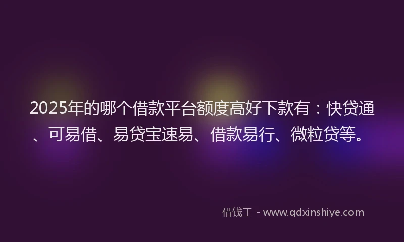 2025年的哪个借款平台额度高好下款有：快贷通、可易借、易贷宝速易、借款易行、微粒贷等。