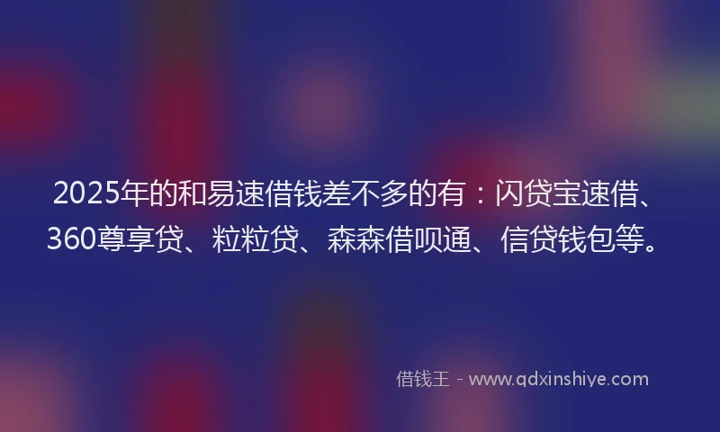 2025年的和易速借钱差不多的有：闪贷宝速借、360尊享贷、粒粒贷、森森借呗通、信贷钱包等。