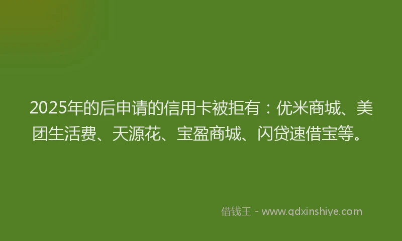 2025年的后申请的信用卡被拒有：优米商城、美团生活费、天源花、宝盈商城、闪贷速借宝等。