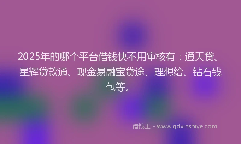 2025年的哪个平台借钱快不用审核有：通天贷、星辉贷款通、现金易融宝贷途、理想给、钻石钱包等。