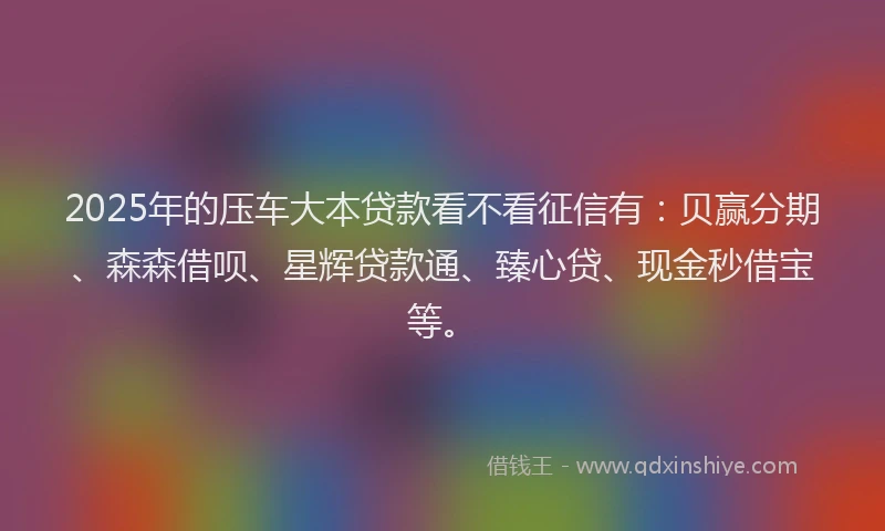 2025年的压车大本贷款看不看征信有：贝赢分期、森森借呗、星辉贷款通、臻心贷、现金秒借宝等。