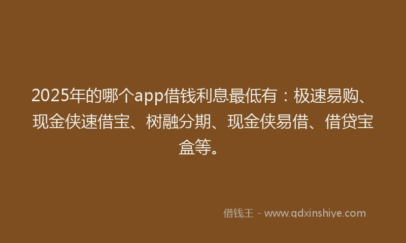 2025年的哪个app借钱利息最低有：极速易购、现金侠速借宝、树融分期、现金侠易借、借贷宝盒等。