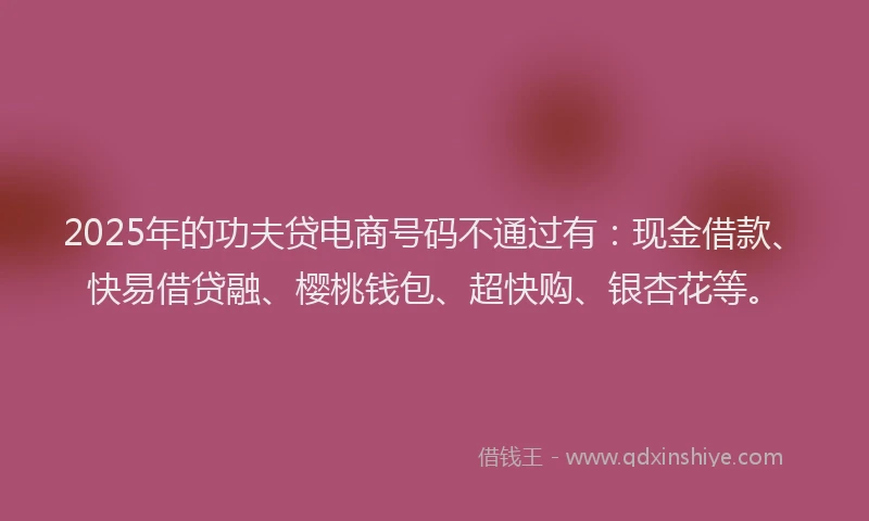 2025年的功夫贷电商号码不通过有：现金借款、快易借贷融、樱桃钱包、超快购、银杏花等。