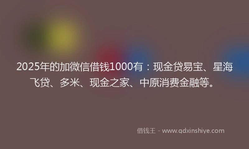2025年的加微信借钱1000有：现金贷易宝、星海飞贷、多米、现金之家、中原消费金融等。