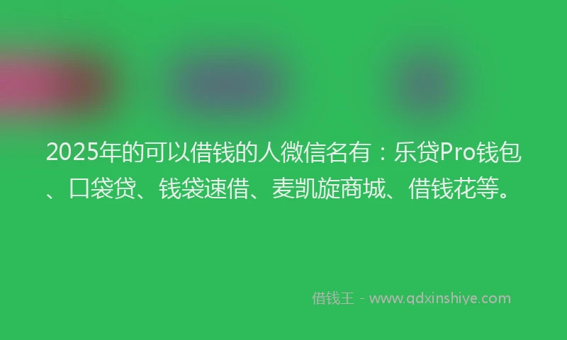 2025年的可以借钱的人微信名有：乐贷Pro钱包、口袋贷、钱袋速借、麦凯旋商城、借钱花等。