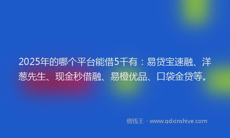 2025年的哪个平台能借5千有：易贷宝速融、洋葱先生、现金秒借融、易橙优品、口袋金贷等。