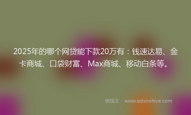 2025年的哪个网贷能下款20万有：钱速达易、金卡商城、口袋财富、Max商城、移动白条等。