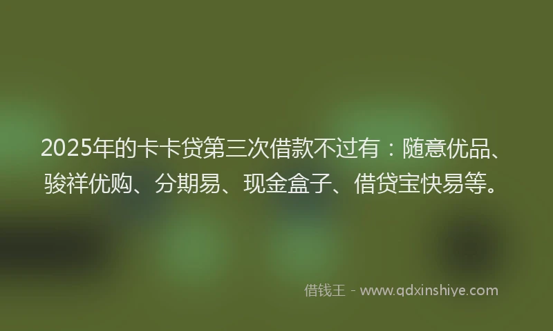 2025年的卡卡贷第三次借款不过有：随意优品、骏祥优购、分期易、现金盒子、借贷宝快易等。