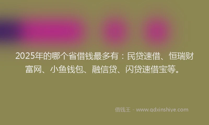 2025年的哪个省借钱最多有：民贷速借、恒瑞财富网、小鱼钱包、融信贷、闪贷速借宝等。