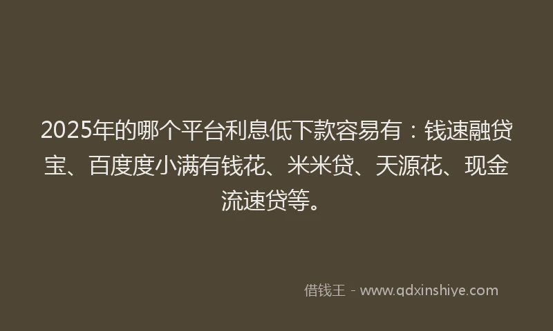2025年的哪个平台利息低下款容易有：钱速融贷宝、百度度小满有钱花、米米贷、天源花、现金流速贷等。