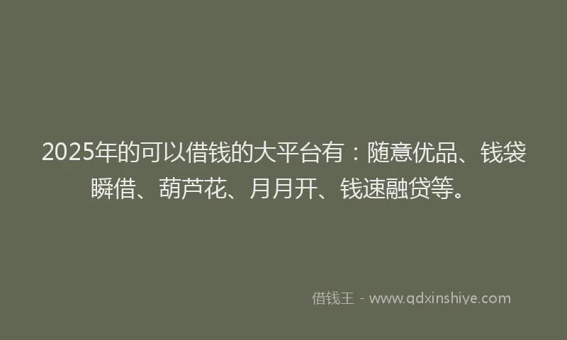 2025年的可以借钱的大平台有：随意优品、钱袋瞬借、葫芦花、月月开、钱速融贷等。