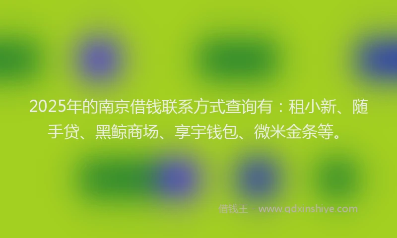 2025年的南京借钱联系方式查询有：租小新、随手贷、黑鲸商场、享宇钱包、微米金条等。