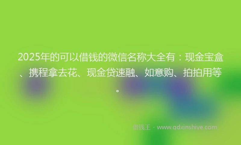 2025年的可以借钱的微信名称大全有：现金宝盒、携程拿去花、现金贷速融、如意购、拍拍用等。