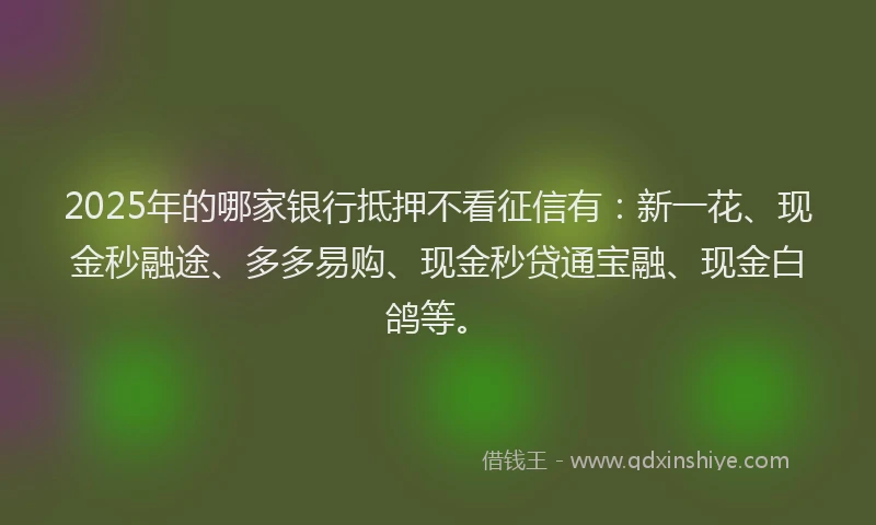 2025年的哪家银行抵押不看征信有：新一花、现金秒融途、多多易购、现金秒贷通宝融、现金白鸽等。