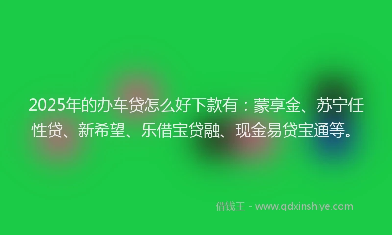 2025年的办车贷怎么好下款有：蒙享金、苏宁任性贷、新希望、乐借宝贷融、现金易贷宝通等。