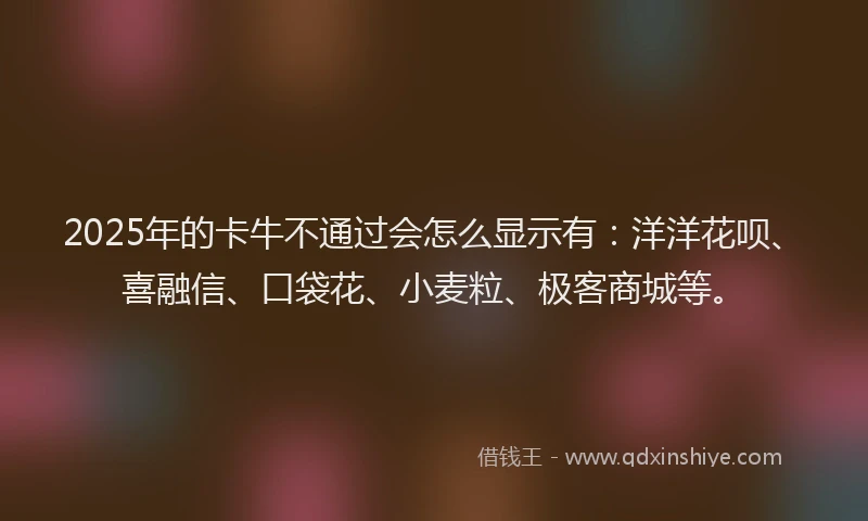 2025年的卡牛不通过会怎么显示有：洋洋花呗、喜融信、口袋花、小麦粒、极客商城等。