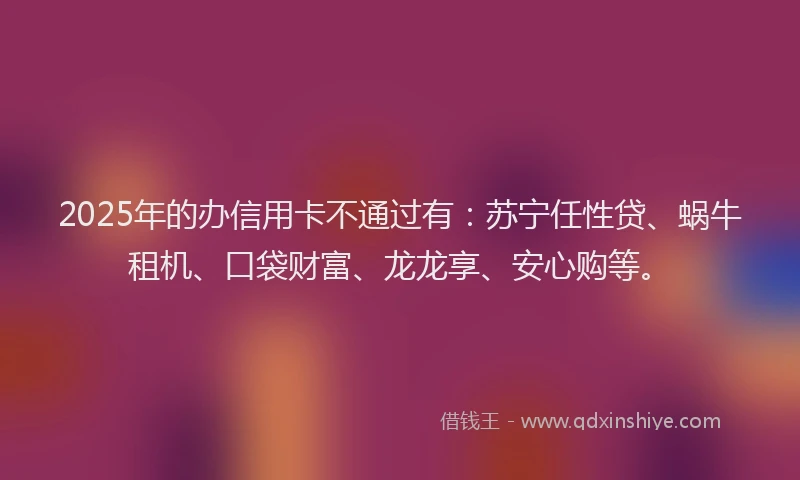2025年的办信用卡不通过有：苏宁任性贷、蜗牛租机、口袋财富、龙龙享、安心购等。