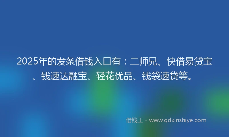 2025年的发条借钱入口有：二师兄、快借易贷宝、钱速达融宝、轻花优品、钱袋速贷等。