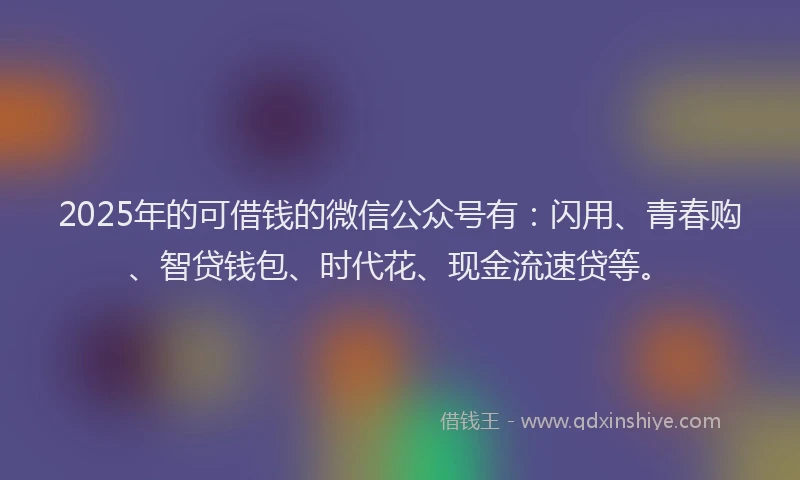2025年的可借钱的微信公众号有：闪用、青春购、智贷钱包、时代花、现金流速贷等。