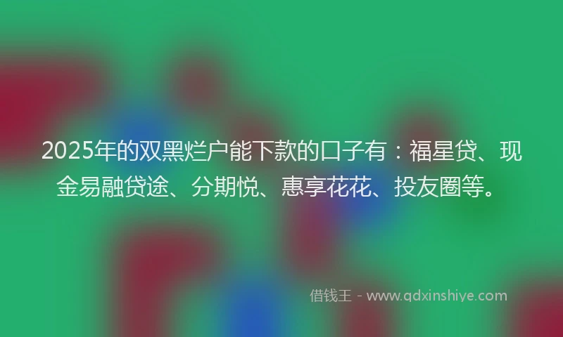 2025年的双黑烂户能下款的口子有：福星贷、现金易融贷途、分期悦、惠享花花、投友圈等。