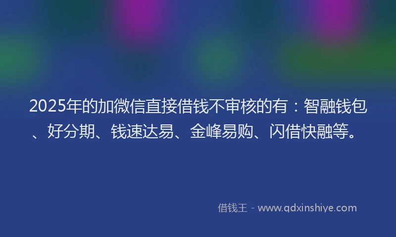 2025年的加微信直接借钱不审核的有：智融钱包、好分期、钱速达易、金峰易购、闪借快融等。