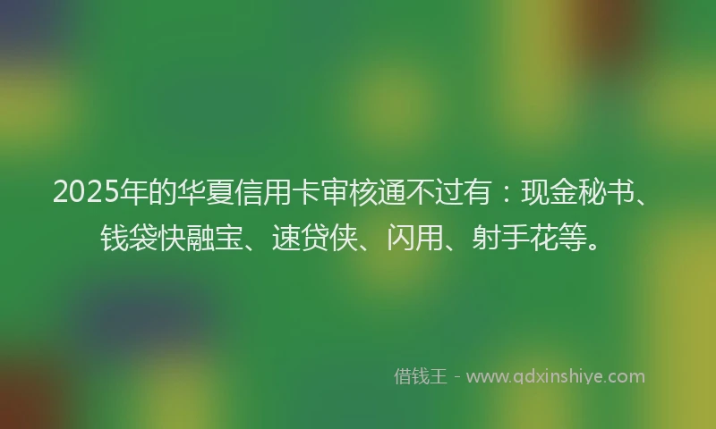 2025年的华夏信用卡审核通不过有：现金秘书、钱袋快融宝、速贷侠、闪用、射手花等。