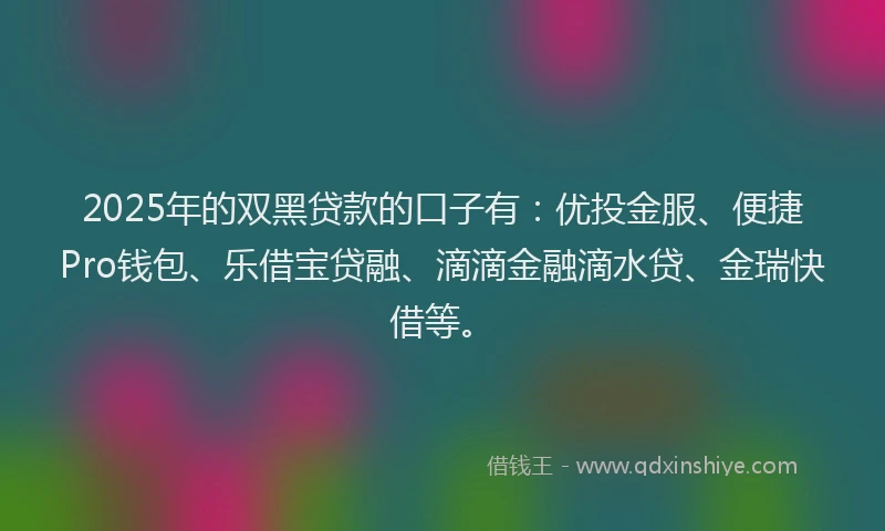 2025年的双黑贷款的口子有：优投金服、便捷Pro钱包、乐借宝贷融、滴滴金融滴水贷、金瑞快借等。