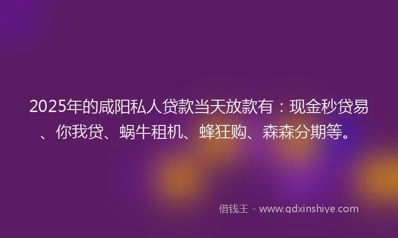 2025年的咸阳私人贷款当天放款有：现金秒贷易、你我贷、蜗牛租机、蜂狂购、森森分期等。