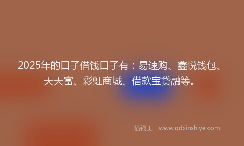 2025年的口子借钱口子有：易速购、鑫悦钱包、天天富、彩虹商城、借款宝贷融等。