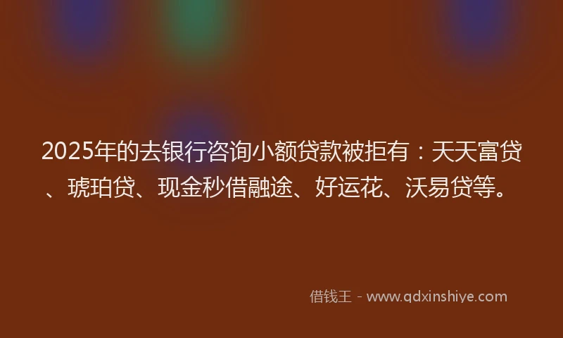 2025年的去银行咨询小额贷款被拒有：天天富贷、琥珀贷、现金秒借融途、好运花、沃易贷等。